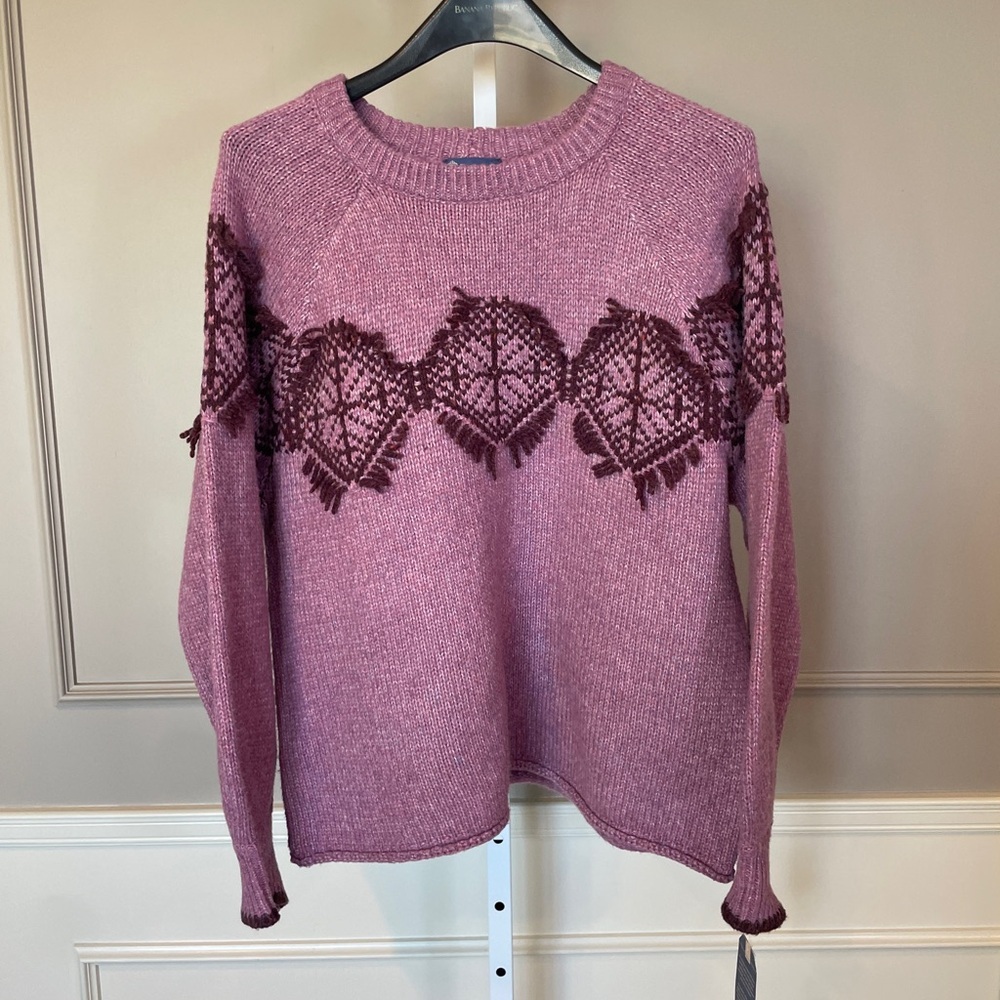 Democracy NWT XL Sweater Purple Chunky Crew Neck Knit Fringe Jacquard Southwest